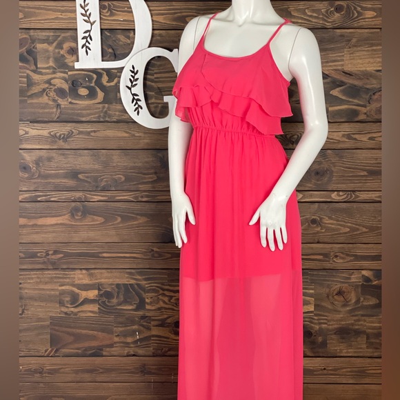 Trixxi | Open Strappy Back Aztec Tiered Ruffle Sheer Chiffon Maxi Dress Hot Pink - Picture 1 of 7